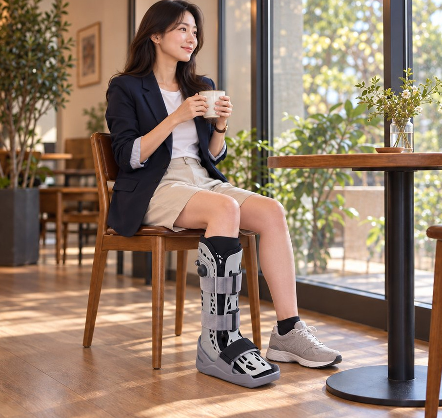 Coffee at a café, wearing the AIROKEEPS walking boot